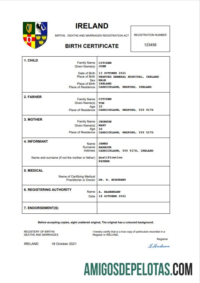Imprimível modelo Word e PDF de certidão de nascimento na Irlanda